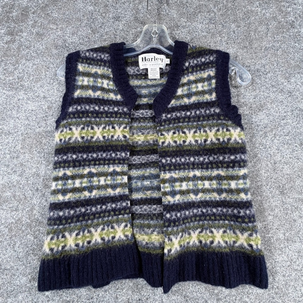 Harley Of Scotland Sweater Vest Womens Large Multicolor Aztec Wool Open Front